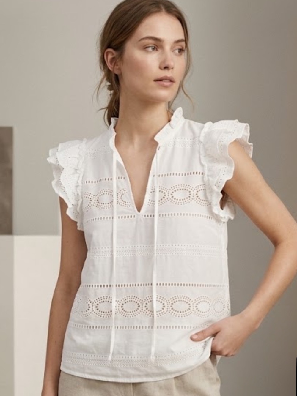 Willa Story White Eyelet Ruffle Sleeve Cotton Top XS